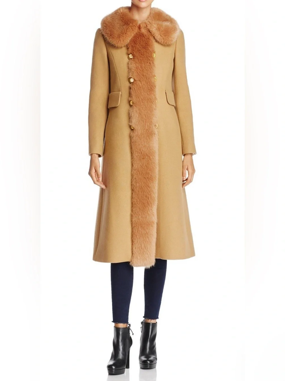 Tory Burch Celeste Coat Camel Faux Fur Collar Double Breasted Size 6